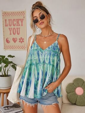Mudd Tie Dye Swing Tank Top XL Blue Green Y2K Boho Beach Festival